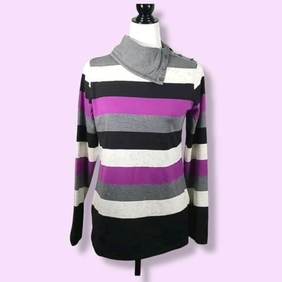 Talbots Women's Sweater Size S Button Neck Cotton Blend Knit Colour Block - Picture 1 of 7